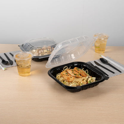 Thermo Tek 40 Ounce Clamshell Containers, 50 Disposable Take Out Boxes - 3 Compartments, Ventilated Lids, Black Plastic Meal Prep Containers, Microwavable, For Pasta Or Salads - Restaurantware
