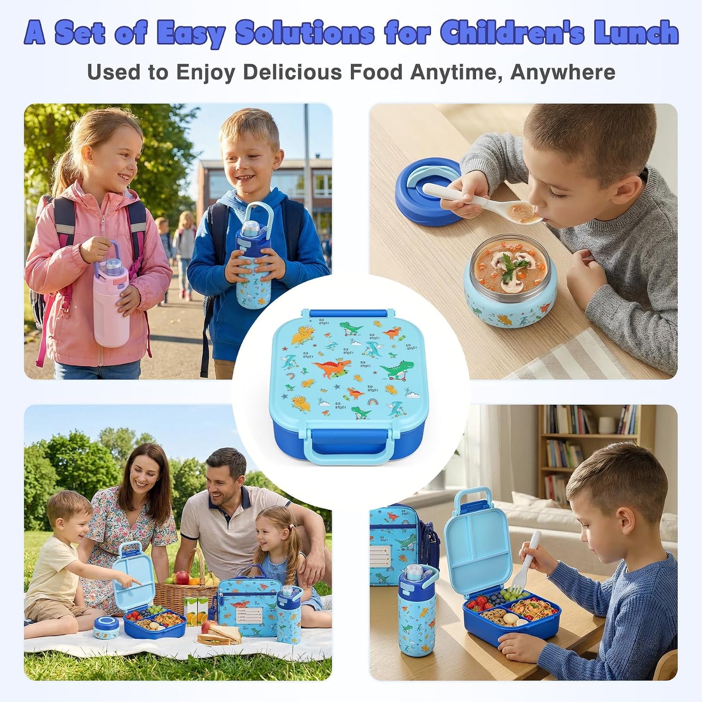 Bento Lunch Box for Kids with 7oz Soup Thermo,Insulated Stainless Steel Kids Water Bottle with Straw and Insulated Lunch Bag,Leak-Proof Lunch Food Container with Ice Pack for School (Purple-Mermaid)