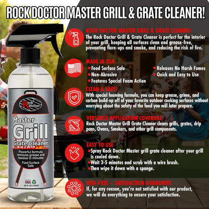 Rock Doctor Master Grill Grate Cleaner, 24 oz. Cleaning Spray for Drip Pans, Oven Grates, Smokers, and Components, Non-Abrasive Liquid Solution Removes Grease, Grime, and Dried Food – Pack of 1