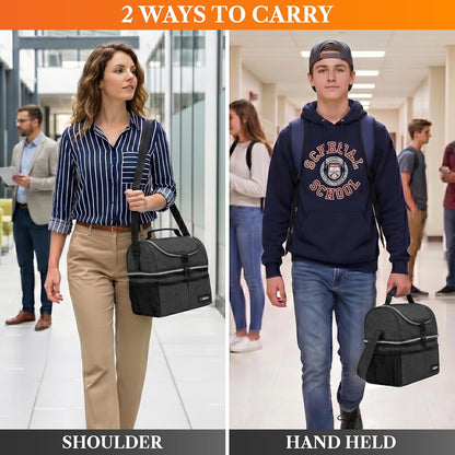 opux Insulated Lunch Bag for Men Women, Double Decker Leakproof Lunch Box Cooler Tote with Shoulder Strap, Large Lunchbox for Work School Travel Meal Prep, Adults Kids Boys Girls, Green, 16 Cans