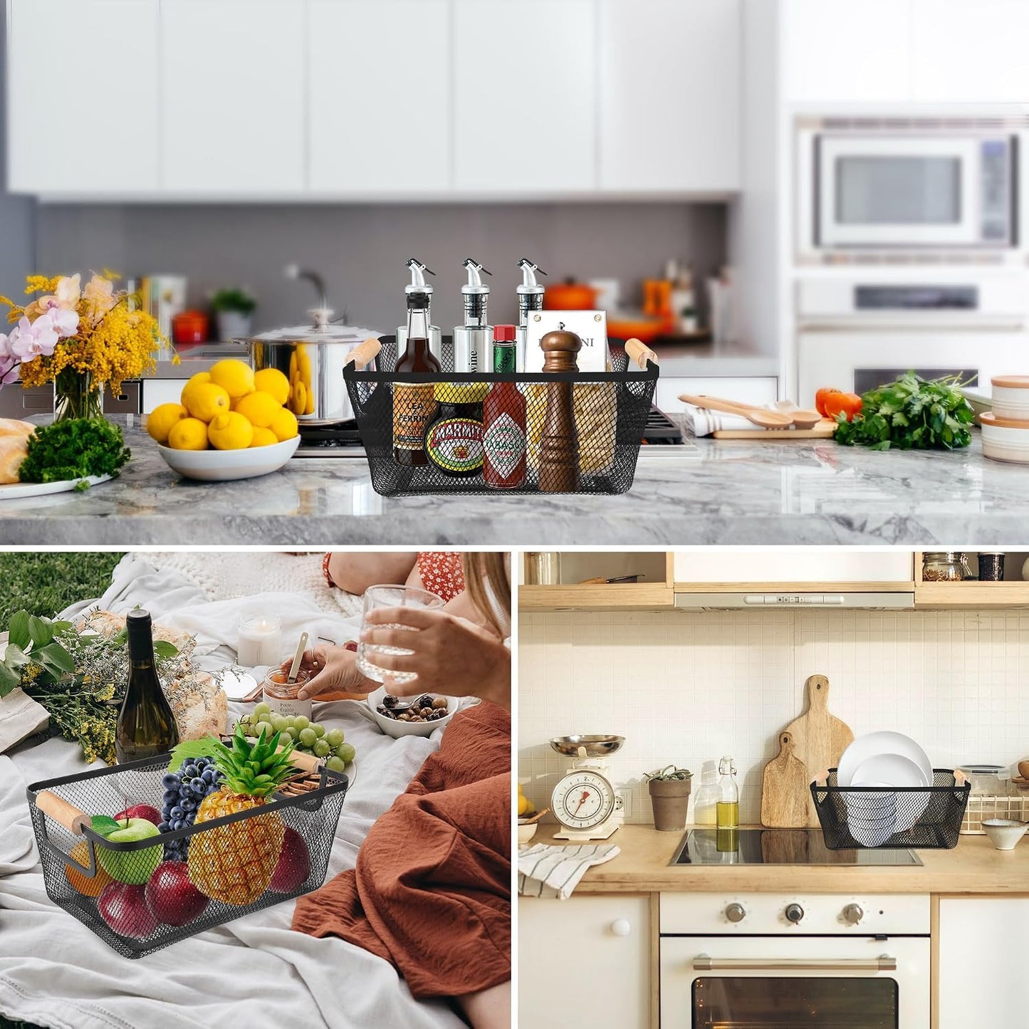 2Pack Metal Mesh Steel Basket with Bamboo Handle - Wire Metal Basket for Kitchen Organization, 12" Wide Food Organizer Bin, Perfect for Organizing Bulk Pantry (WHITE)