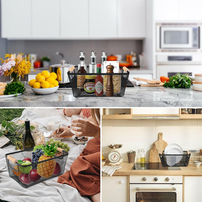 2Pack Metal Mesh Steel Basket with Bamboo Handle - Wire Metal Basket for Kitchen Organization, 12" Wide Food Organizer Bin, Perfect for Organizing Bulk Pantry (WHITE)