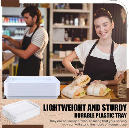 Ziliny 20 Pcs Plastic Serving Trays Bulk Plastic Serving Platters Reusable Rectangle Food Tray Stackable Party Trays for Dinner Snack Dessert in School Cafeteria(White)