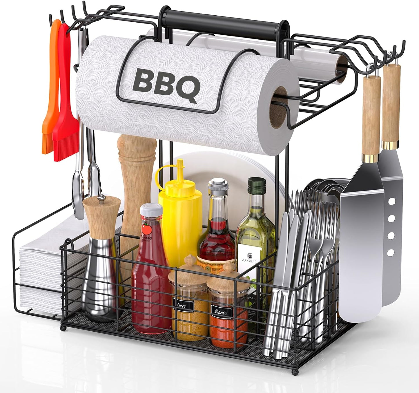 Grill Caddy for Outdoor Grill with 2 Paper Towel Holders,Barbecue Tool Sets Storage Organizer,BBQ Caddy for Outdoor Grill with 9 Compartments & 8 Hooks,Picnic Caddy Grilling Gifts for Men