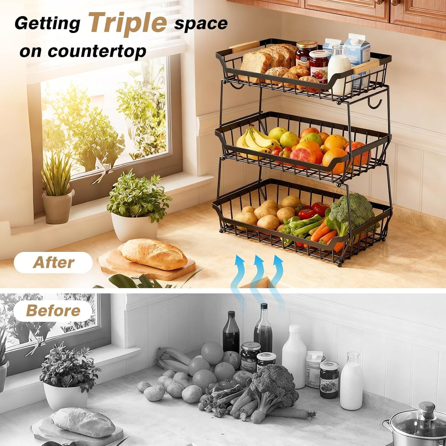 3 Tier Fruit Basket with 2 Banana Hangers for Kitchen Counter | 3-Tier Detachable Design,Metal Wire Construction, Wooden Handle, Large Capacity, Multi-Purpose Organizer,Mesh Basket