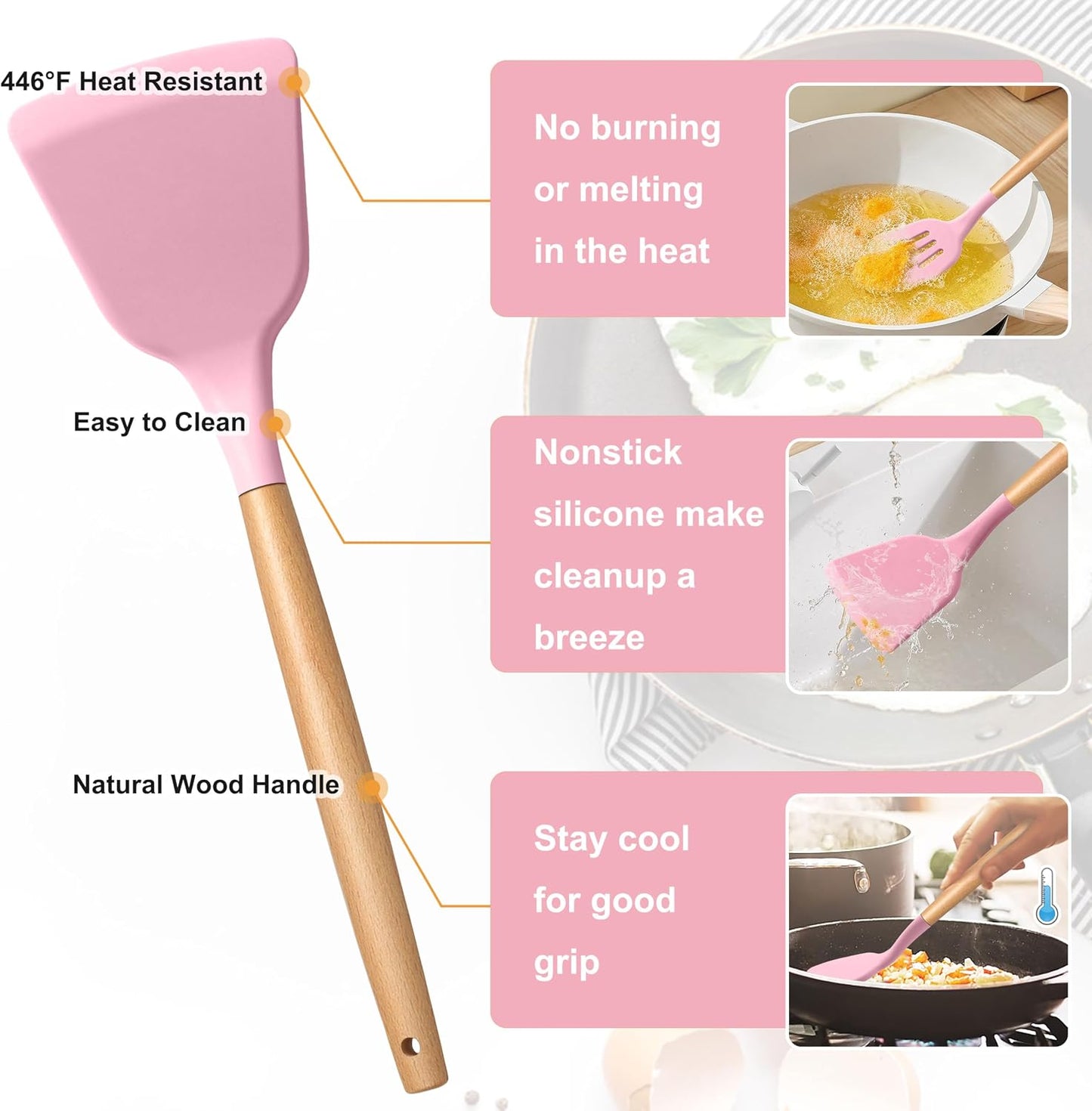 E-far Silicone Cooking Utensils Set, 5-Piece Kitchen Utensils Set with Wooden Handle for Cooking, Silicone Kitchen Nonstick Tools Spatula Turner Slotted Spoons, Nontoxic & Heat Resistant-Khaki
