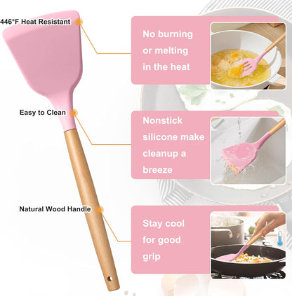 E-far Silicone Cooking Utensils Set, 5-Piece Kitchen Utensils Set with Wooden Handle for Cooking, Silicone Kitchen Nonstick Tools Spatula Turner Slotted Spoons, Nontoxic & Heat Resistant-Khaki