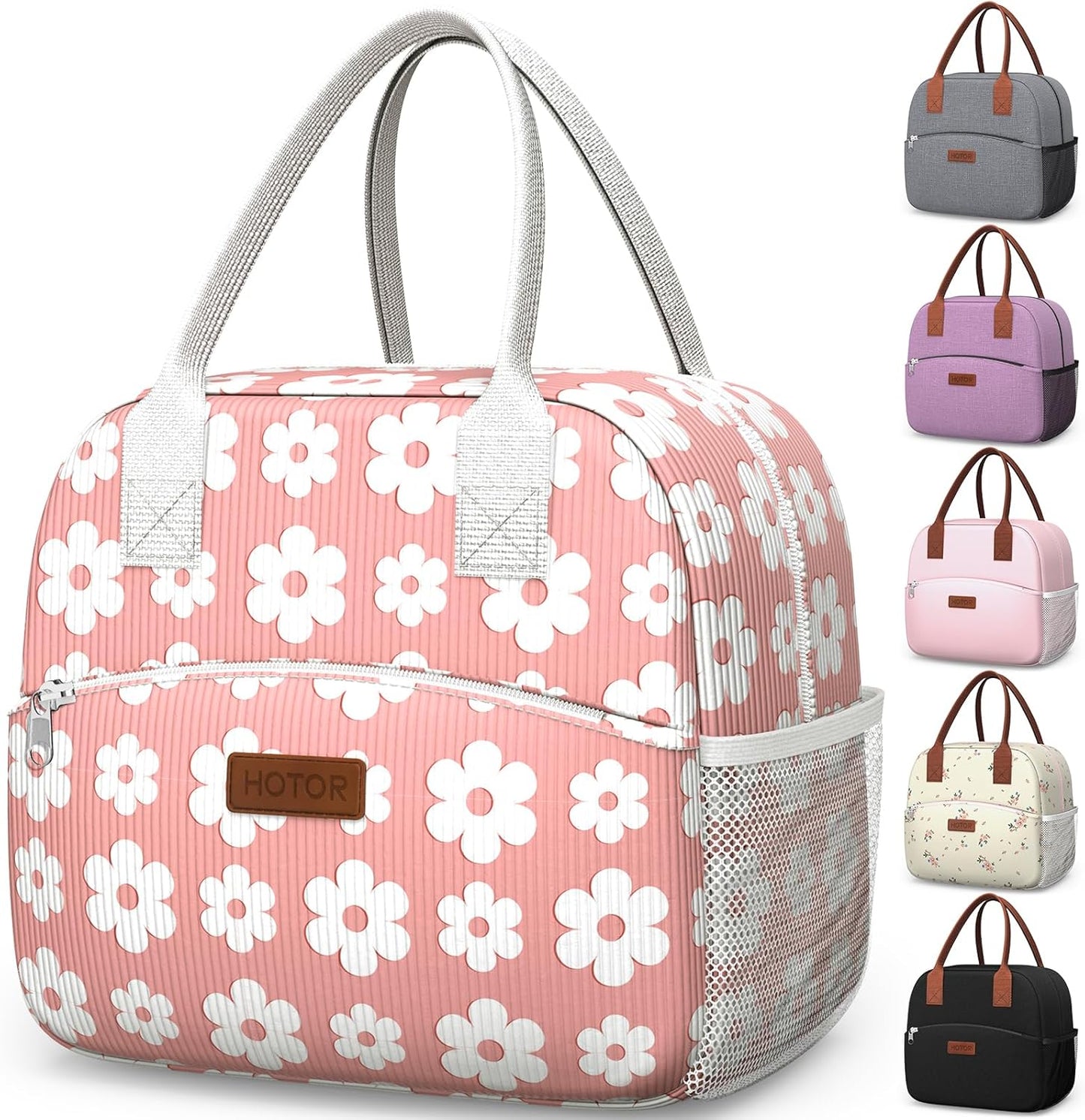 HOTOR Lunch Bag for Women & Men - Wear-Resistant Insulated Lunch Box with Large Capacity, Multi-Functional Cooler Bag for Office, Picnic, Pink with White Daisy, 10L,10.60" x 5.90" x 9.50"