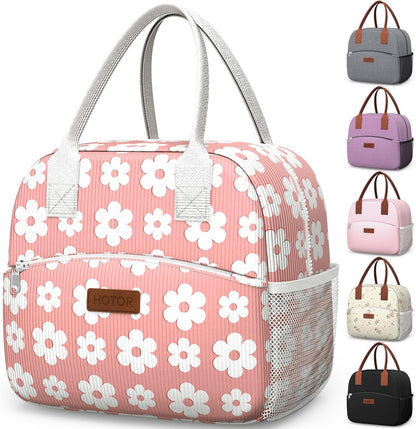 HOTOR Lunch Bag for Women & Men - Wear-Resistant Insulated Lunch Box with Large Capacity, Multi-Functional Cooler Bag for Office, Picnic, Pink with White Daisy, 10L,10.60" x 5.90" x 9.50"