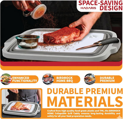 All-in-One Collapsible BBQ Prep Tub - Marinating Station & Food Storage with Built-in Cutting Board & Airtight Lid - Perfect for Grilling, Camping & Kitchen Organization (Gray)
