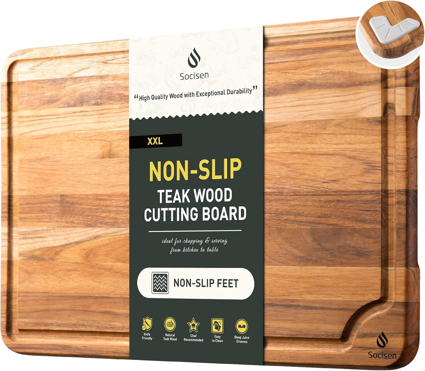 4 Pack Teak Wood Cutting Board Set for Kitchen Heavy Duty Non Toxic Non Slip Solid Thick Wood Haus Chopping Board Extra Large Big Small Meat Best Essential House Warming Hostess Host Gift