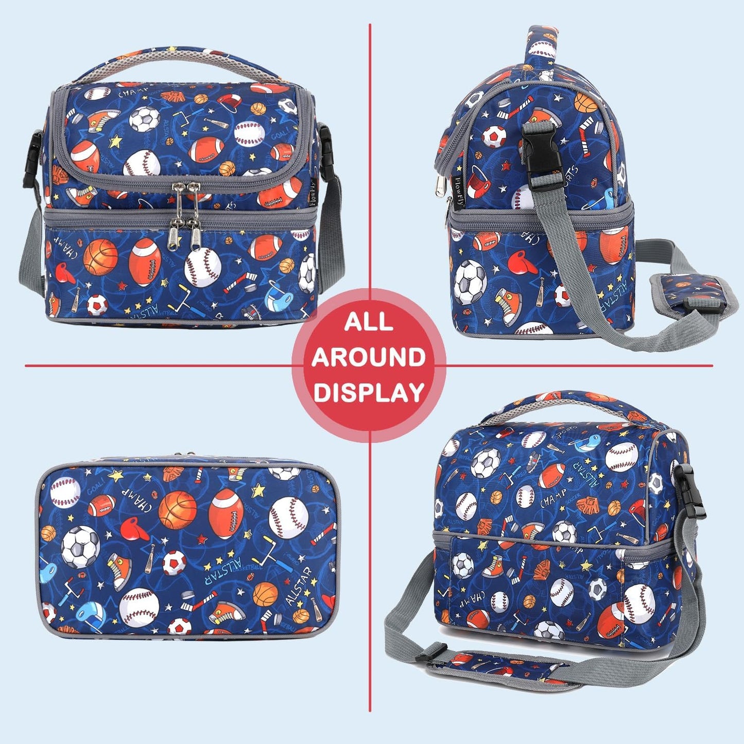 FlowFly Kids Double Decker Cooler Insulated Lunch Bag Large Tote for Boys, Girls, Men, Women, With Adjustable Strap, Unicorn