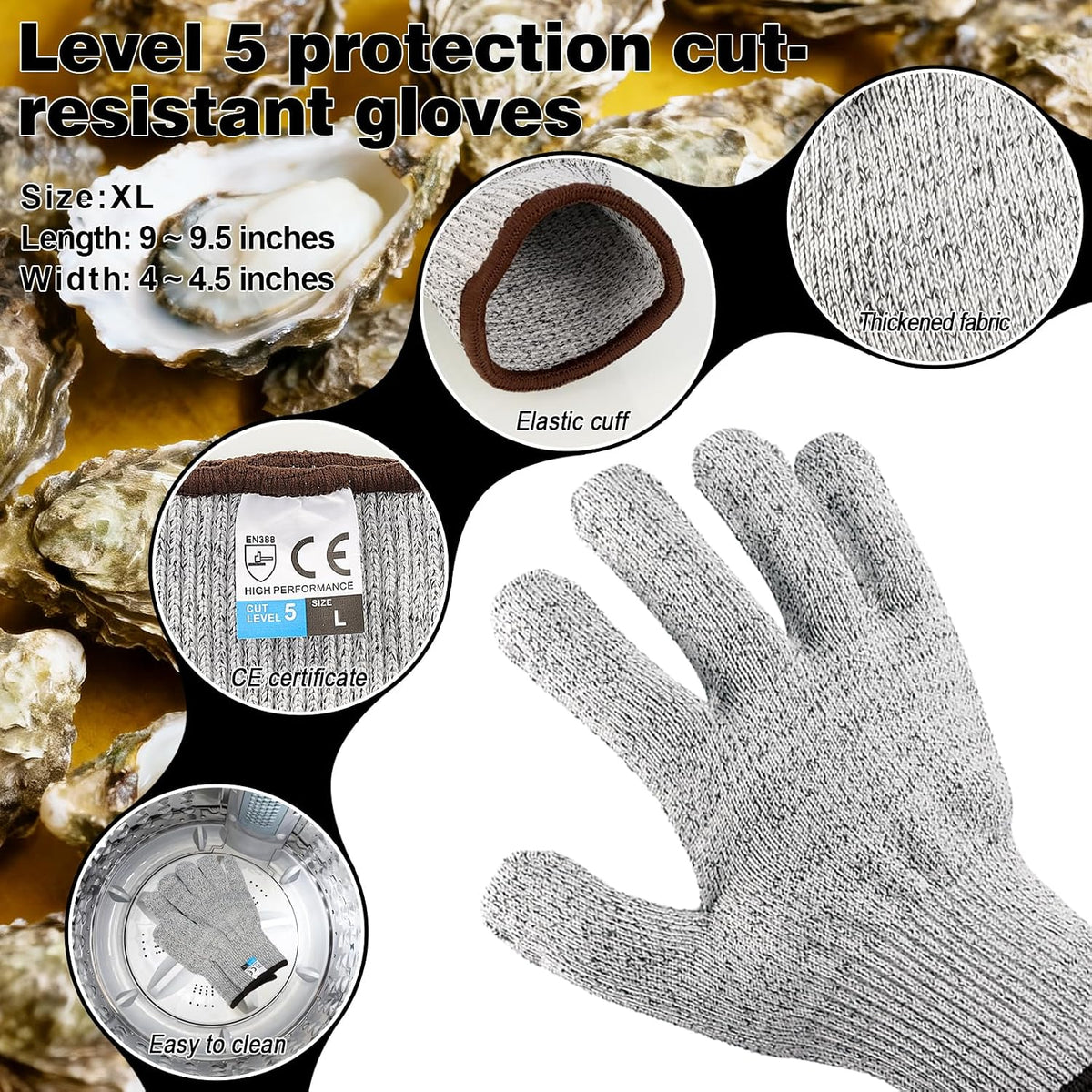 QUMMFA Professional Oyster Shucking Knife, 2CR13 Stainless Steel Oyster Knife, Sturdy Sharpness Opener for All Kinds of Shells, and Level 5 Cut Resistant Glove (XL)