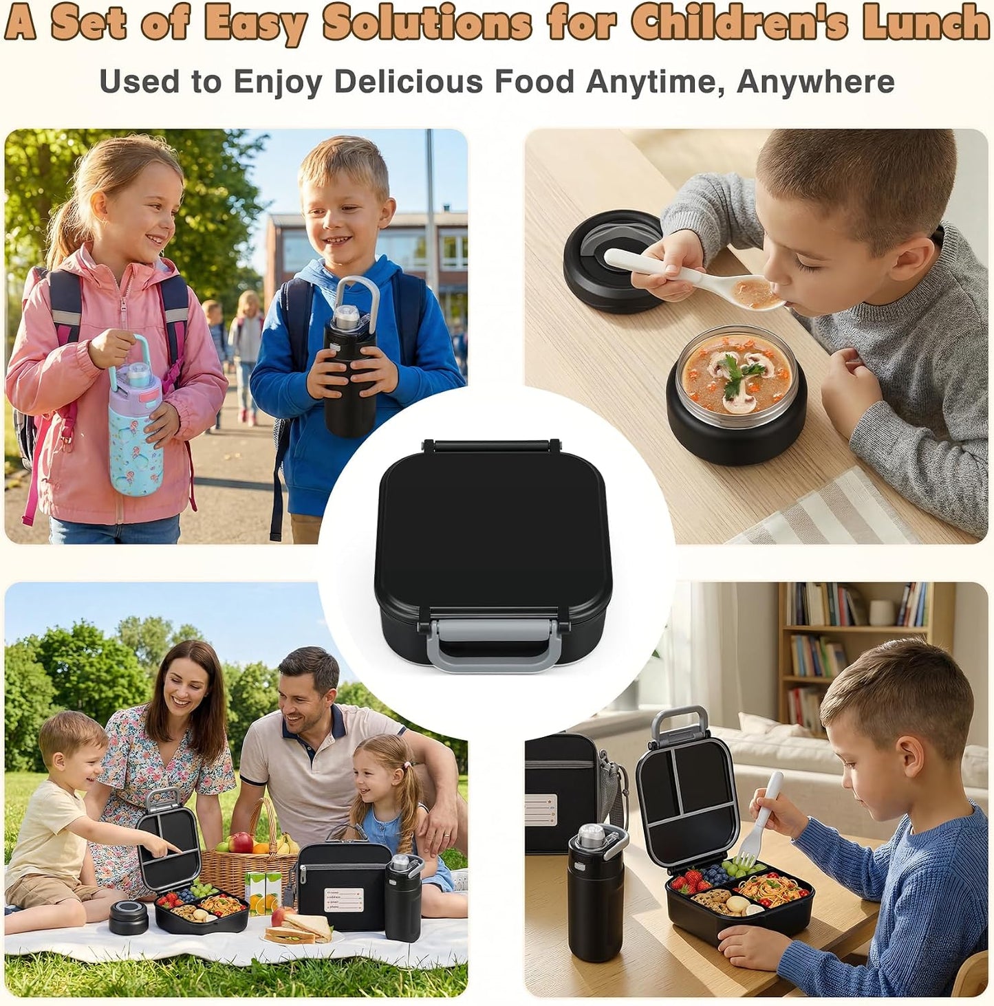 Bento Lunch Box for Kids with 7oz Soup Thermo,Insulated Stainless Steel Kids Water Bottle with Straw and Insulated Lunch Bag,Leak-Proof Lunch Food Container with Ice Pack for School (Purple-Mermaid)