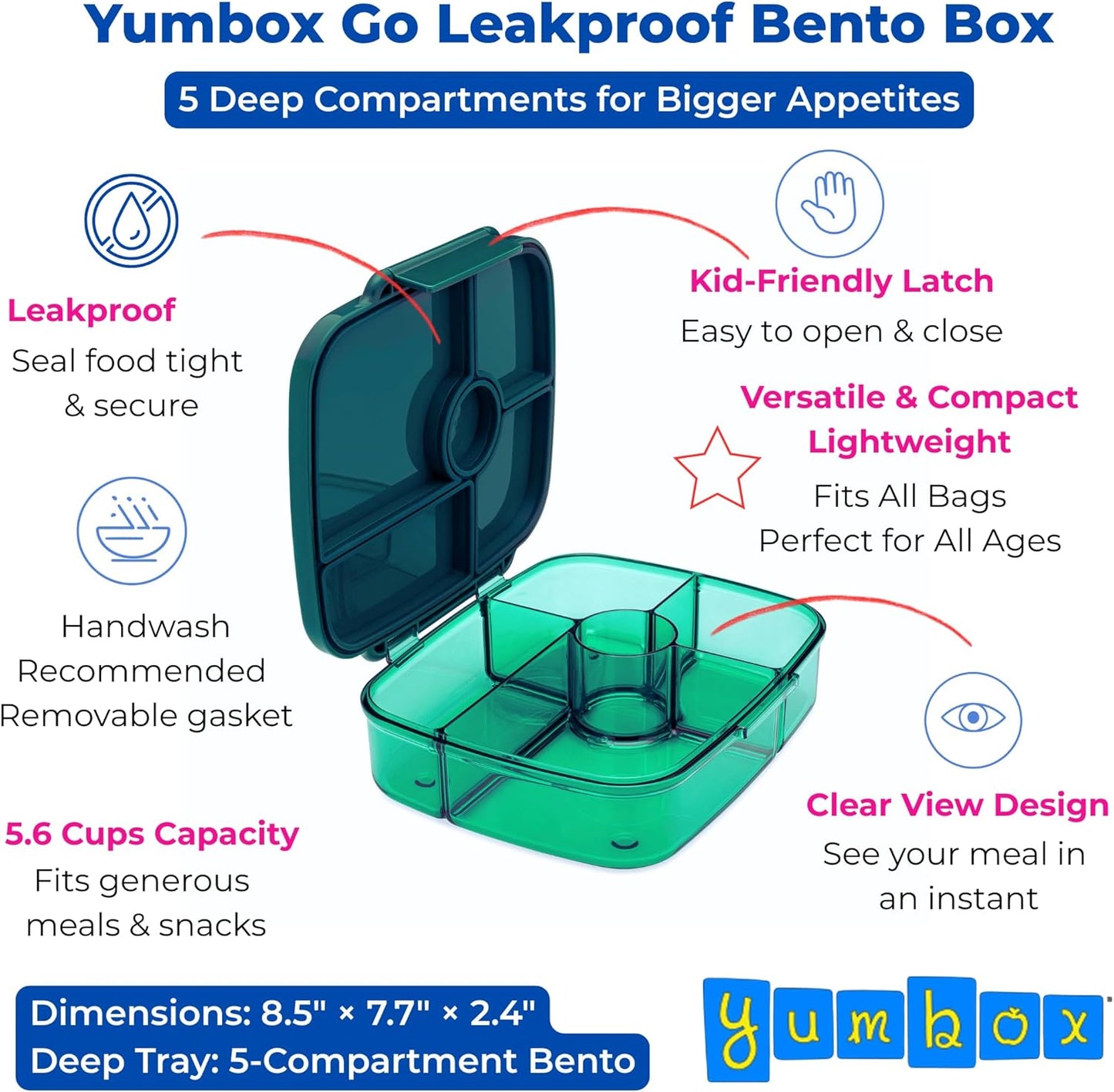 Yumbox Go Leakproof Bento Lunch Box, 5 Compartments, Charcoal Gray | Deep Portioned Tray | Removable Silicone Gasket | Lightweight Construction | Fits Most Lunch Bags | Easy-Clean Design