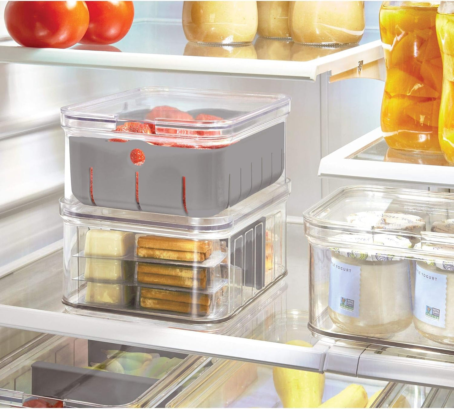 iDesign Small Fridge Organizer Bin with Removable Divider and Lid - Set of 6 - Clear/Gray