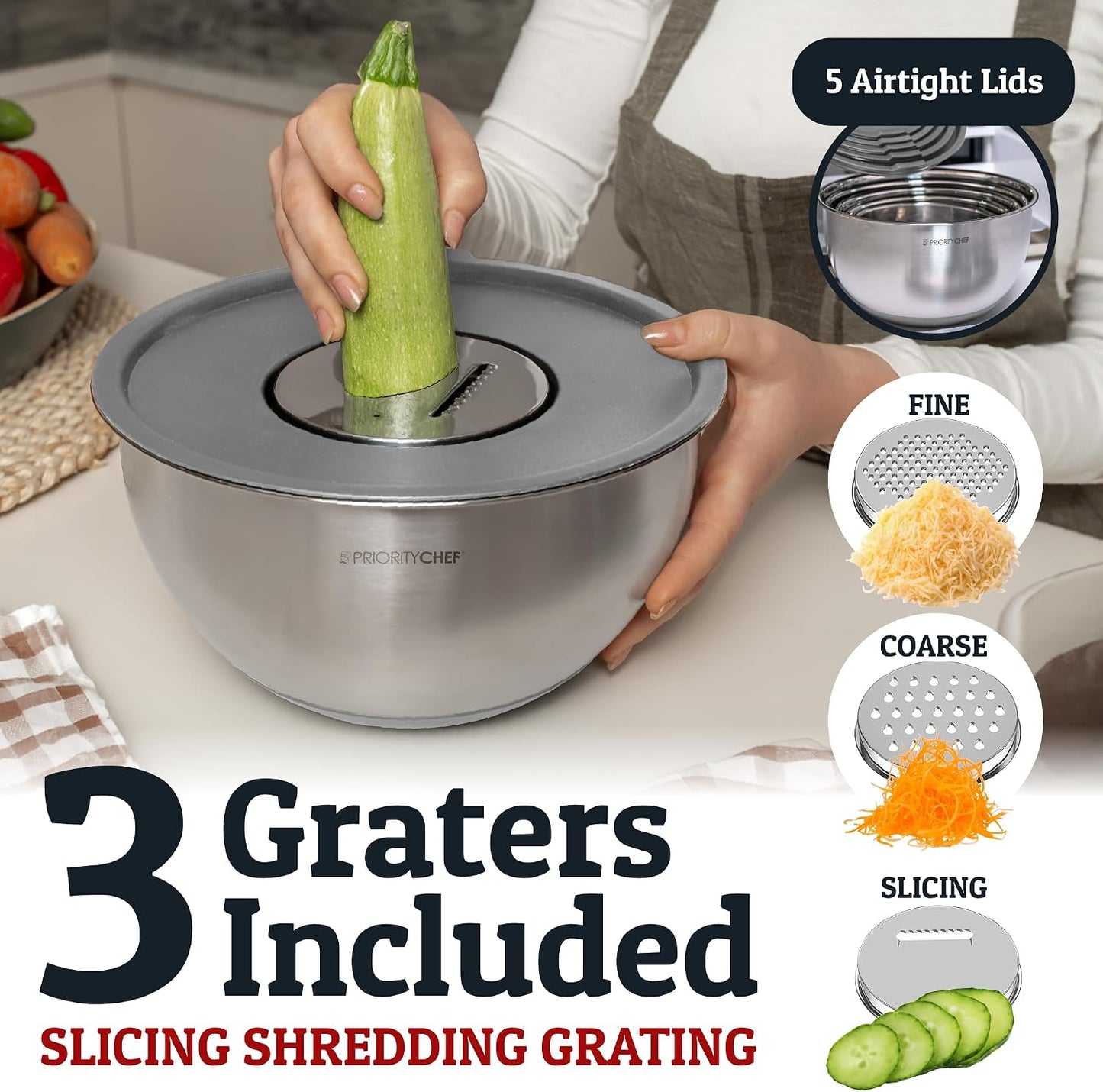 Priority Chef Stainless Steel Mixing Bowls with Lids Set, Metal Nesting Bowls with Airtight Lids, Graters, Non-Slip Base & Measurement Marks, Includes Utensil Set for Prep, Baking & Storage, Black