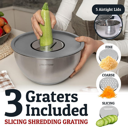 Priority Chef Stainless Steel Mixing Bowls with Lids Set, Metal Nesting Bowls with Airtight Lids, Graters, Non-Slip Base & Measurement Marks, Includes Utensil Set for Prep, Baking & Storage, Black