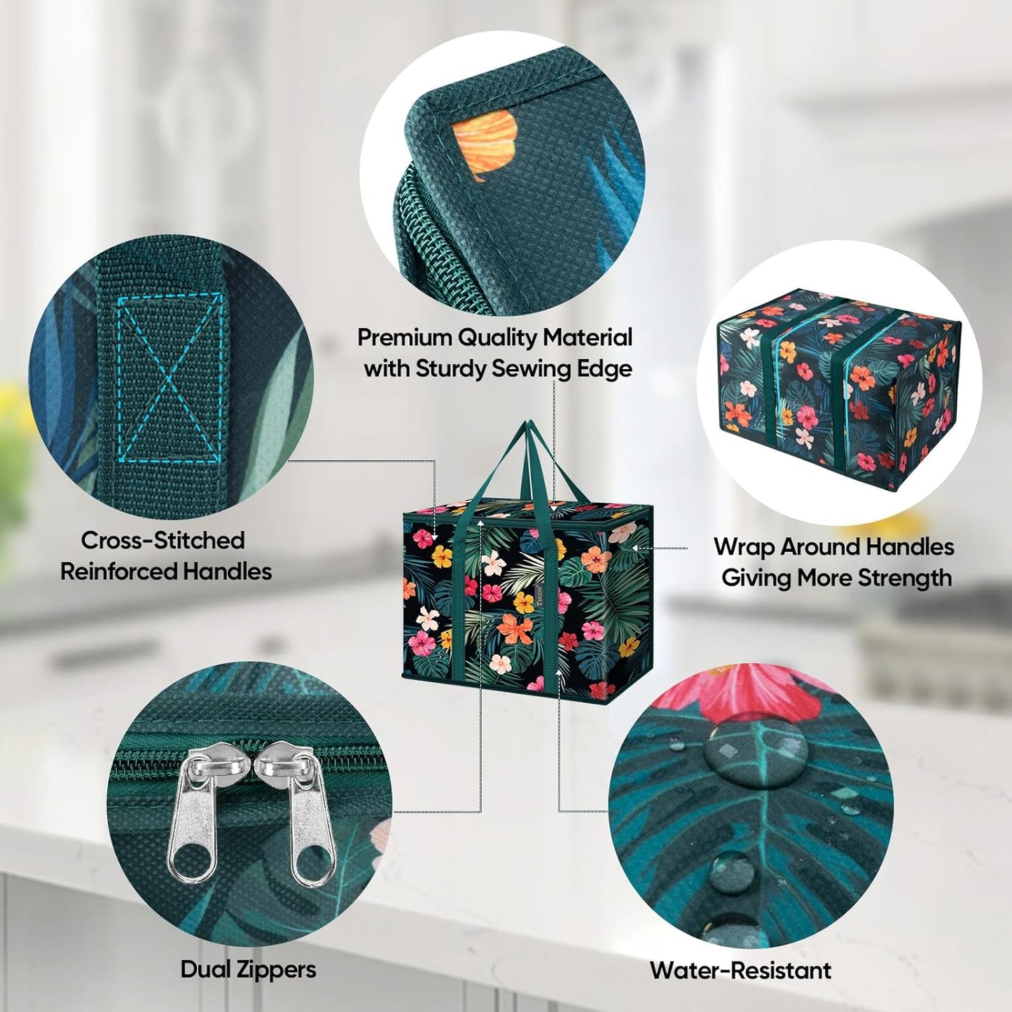 BALEINE 2Pk Insulated Reusable Grocery Bags, Collapsible Cooler Bag for Groceries, Heavy Duty Large Insulated Bag (16''x9''x13'', Antique Foliage)