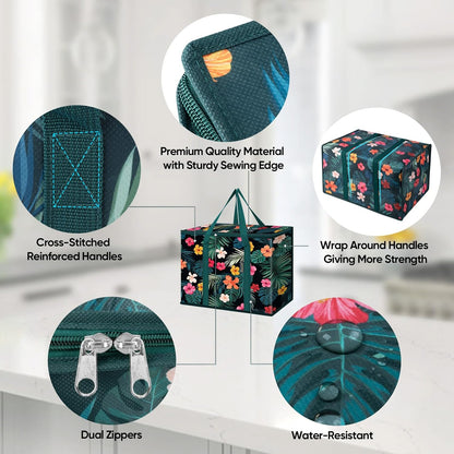 BALEINE 2Pk Insulated Reusable Grocery Bags, Collapsible Cooler Bag for Groceries, Heavy Duty Large Insulated Bag (16''x9''x13'', Antique Foliage)
