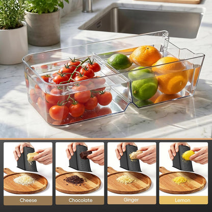 [7 in 1 ] Vegetable Slicer for Kitchen, Safe Mandoline Slicer, Adjustable Veggie Potato French Fry Cutter, Wider Tray & Stainless Steel Grater & Filter Basket & Lid & Cleaning Brush (Gray Pro)