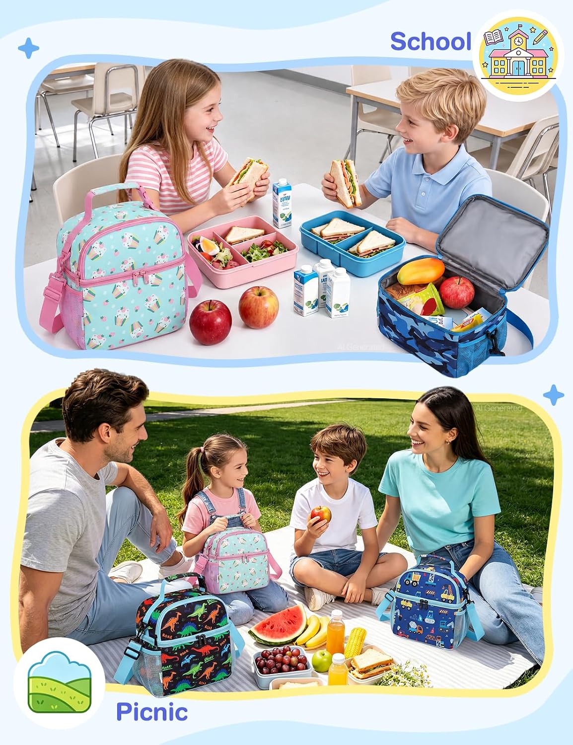 VASCHY Lunch Box Bag for Kids, Insulated Double Compartments Cooler Lunch Tote for Toddlers Boys Girls School/Daycare/Picnic Black Dinos