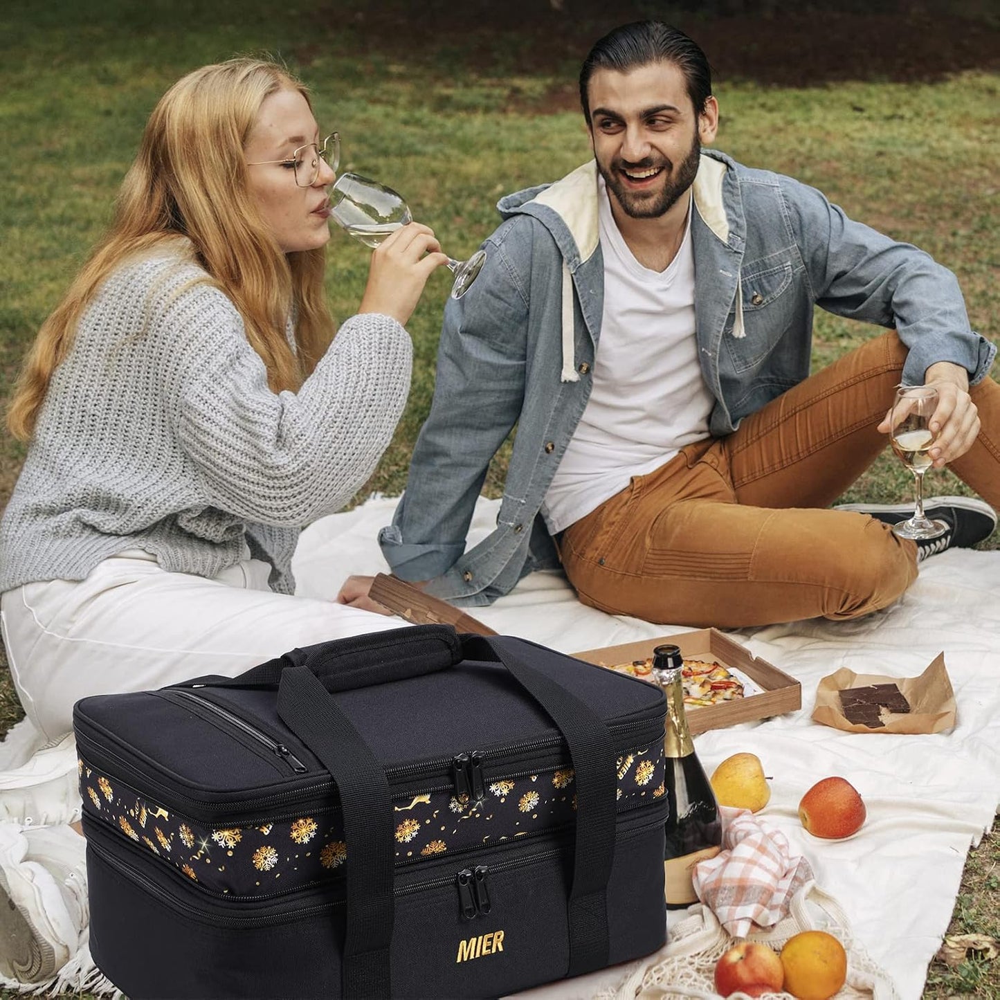 MIER Insulated Double Casserole Carrier Bag for Lasagna Lugger, Potluck Parties, Picnic, Beach, Fits 9 x 13 Inches Baking Dish, Casserole Dish, Expandable, Dark Blue