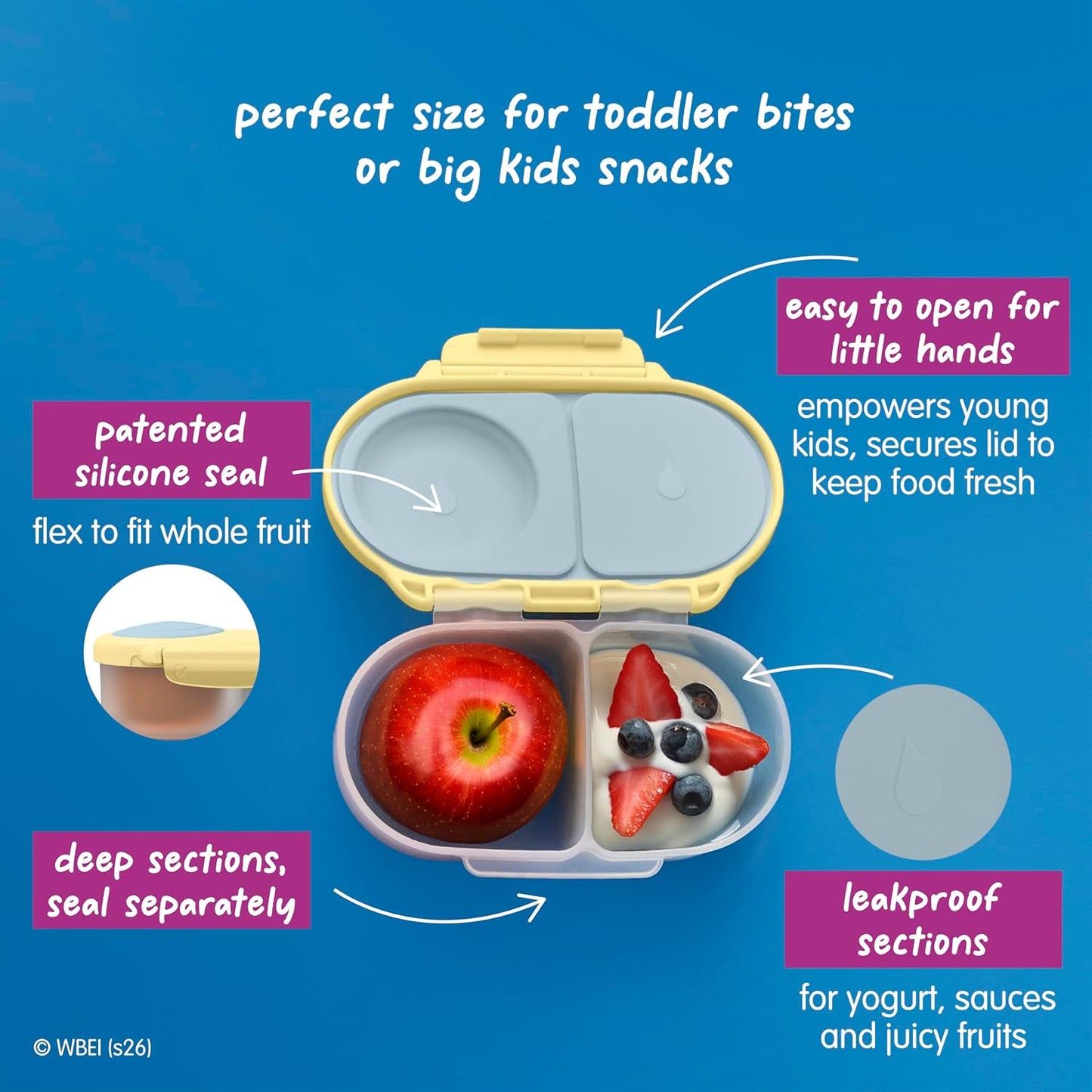 b.box Snack Box 2-Pack - Leak Proof Mini Bento Box for Kids & Toddlers, 2 Compartment Snack Containers for Kids, Dishwasher Safe, BPA-Free, PFAS-Free, Ages 4mo+, 1 3/4 Cup Each (Strawberry + Lilac)