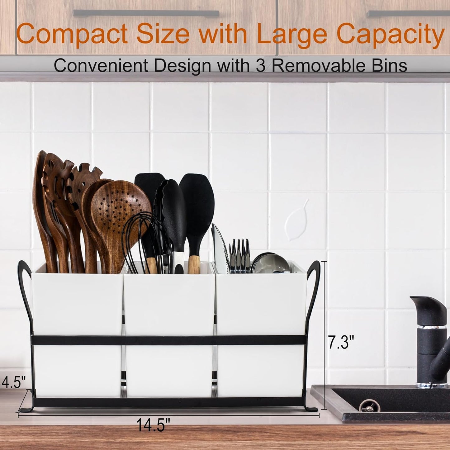 Czlizdyt Cutlery Holder with Drain Holes, Silverware Caddy for Party Countertop, 3pcs Bins Set Utensil Holders for Spoon and Fork, White