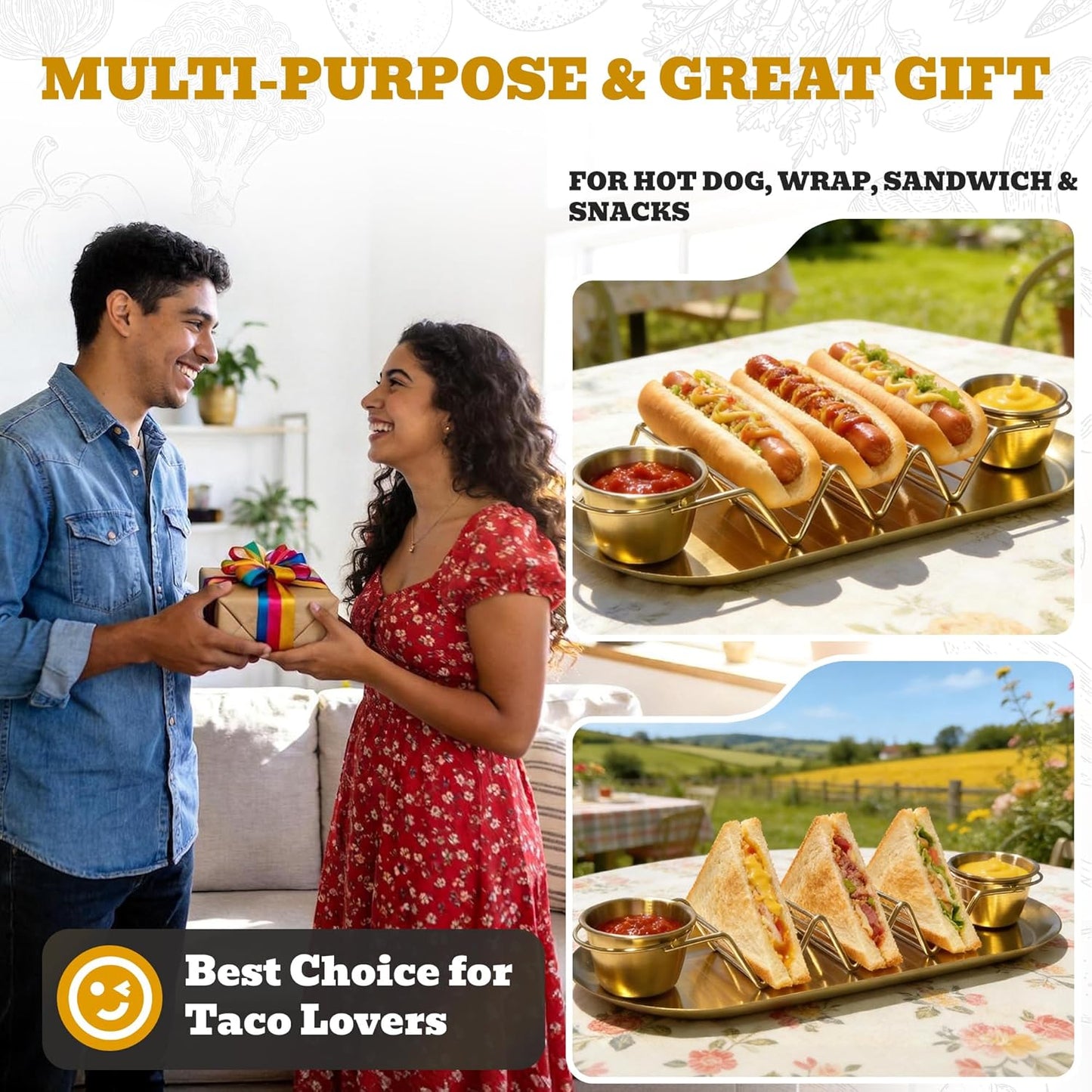 Stainless Steel Taco Holder Tray Set of 2, Taco Rack Holds 3 Tacos Each with Serving Tray, Sauce Cups & Spoon, Oven & Dishwasher Safe for Taco Night & Parties (Gold-2 Pack)