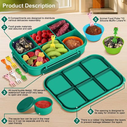 Amathley Lunch Box Kids Girls Boys,Bento Box Adult,Toddler Lunch Containers for School,Leakproof Snack Containers with 6 Compartments,Sauce Container,10 Food Picks and 4 Muffin Cups (Green)
