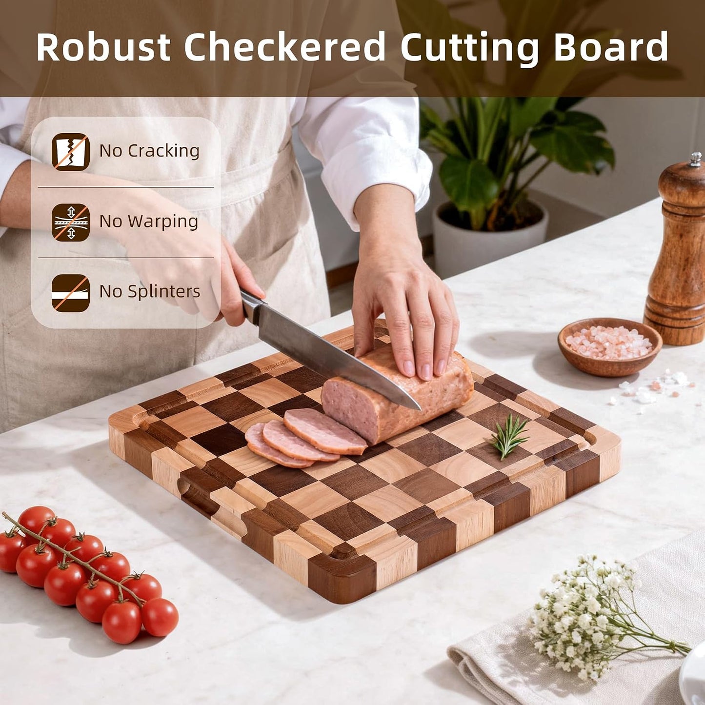 Checkered Cutting Board Set for Kitchen - 3 PCS Solid Wood End Grain Checkerboard Chopping Board with Holder & Juice Groove, Wooden Cutting Boards for Meat, Vegetables, Fruits (S, M, L)