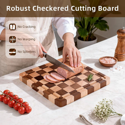 Checkered Cutting Board Set for Kitchen - 3 PCS Solid Wood End Grain Checkerboard Chopping Board with Holder & Juice Groove, Wooden Cutting Boards for Meat, Vegetables, Fruits (S, M, L)