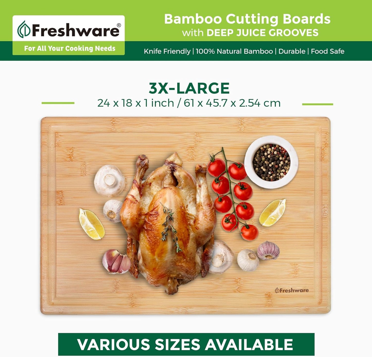 Freshware Wood Cutting Boards for Kitchen - Bamboo Cutting Board Set of 3, Cutting Boards with Juice Grooves, Serving Board Set, Chopping Board for Meat, Veggie, Easy Grip Handle (9x6", 12x8", 15x10")