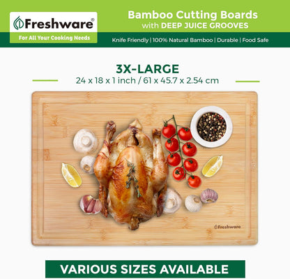 Freshware Wood Cutting Boards for Kitchen - Bamboo Cutting Board Set of 3, Cutting Boards with Juice Grooves, Serving Board Set, Chopping Board for Meat, Veggie, Easy Grip Handle (9x6", 12x8", 15x10")