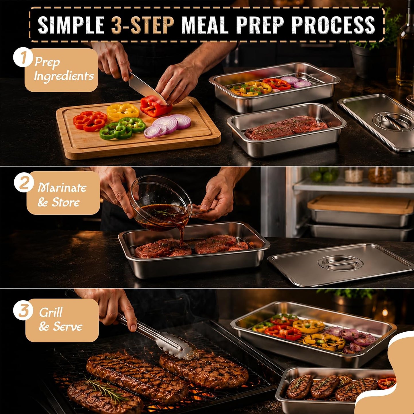 Grill Prep Trays & Serve Set, Stainless Steel BBQ Grill Carrying System with Deep Tray, Shallow Tray, Lid & Cutting Board, Large Capacity Marinating Tray, Portable Grill Container for Outdoor Cooking