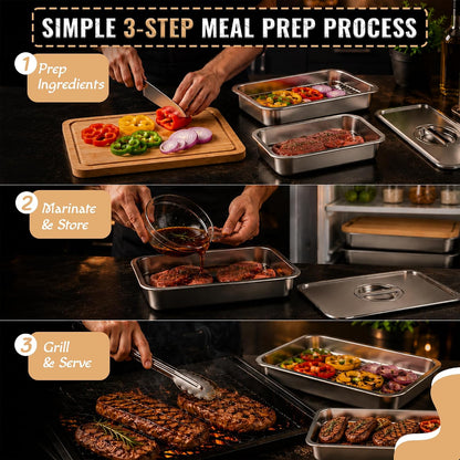 Grill Prep Trays & Serve Set, Stainless Steel BBQ Grill Carrying System with Deep Tray, Shallow Tray, Lid & Cutting Board, Large Capacity Marinating Tray, Portable Grill Container for Outdoor Cooking