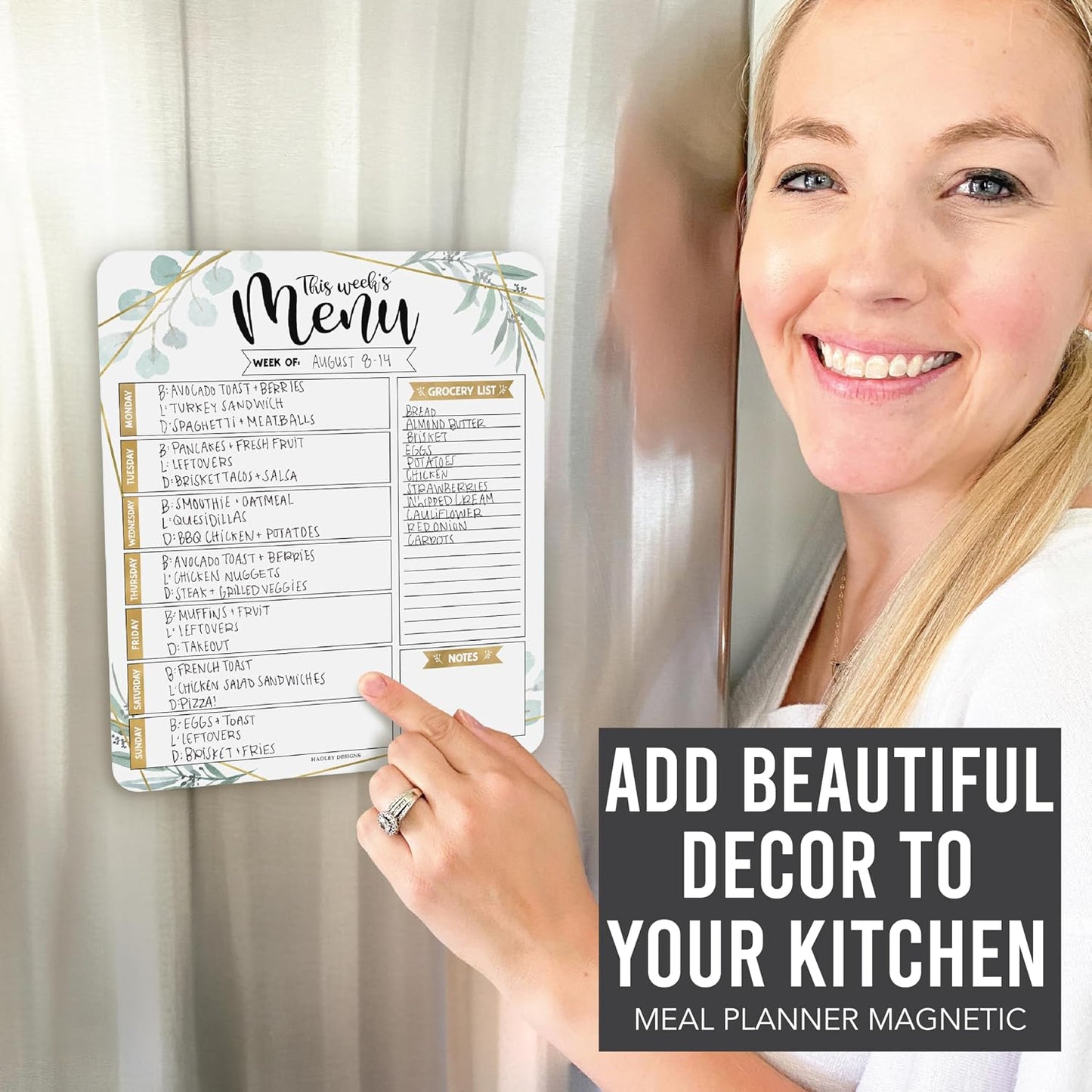 Hadley Designs Greenery Weekly Dinner Menu Board For Kitchen-Magnetic Meal Planner For Refrigerator, Weekly Menu Board Meal Planner, Dry Erase Board