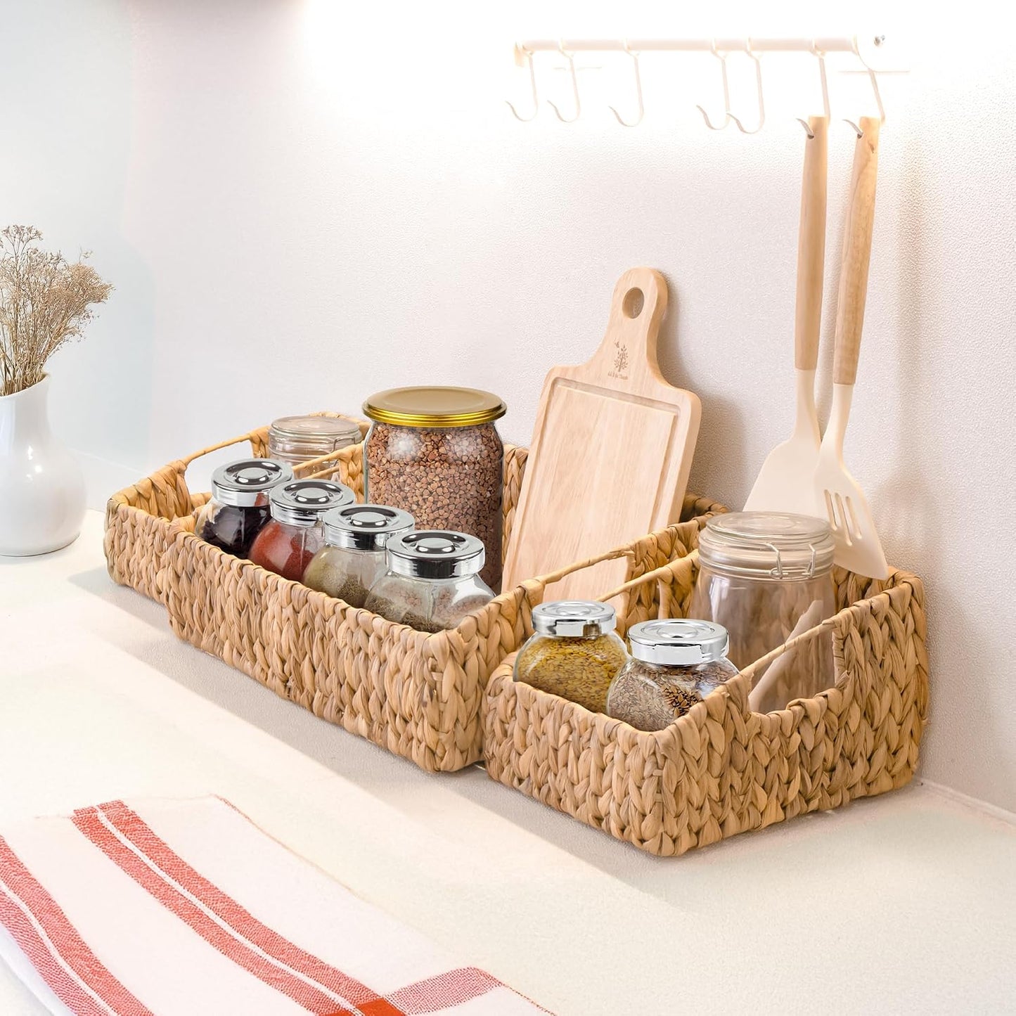 KOKODO 2-Pack Open Front Pantry Baskets, Handwoven Water Hyacinth Wicker Storage Baskets with Built-in Handles, Organizing Bins for Shelves