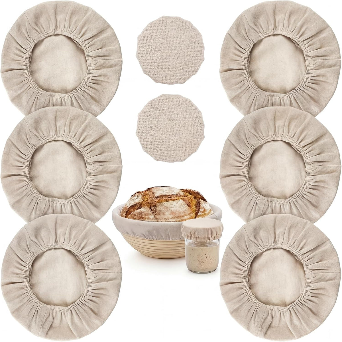 8 PCS Bread Proofing Basket Cloth Liner (3 Round & 3 Oval) & 2 Sourdough Starter Jar Covers, 10 Inch Banneton Basket Cover for Sourdough Baking, Reusable Dough Bowl Liner (Combo)