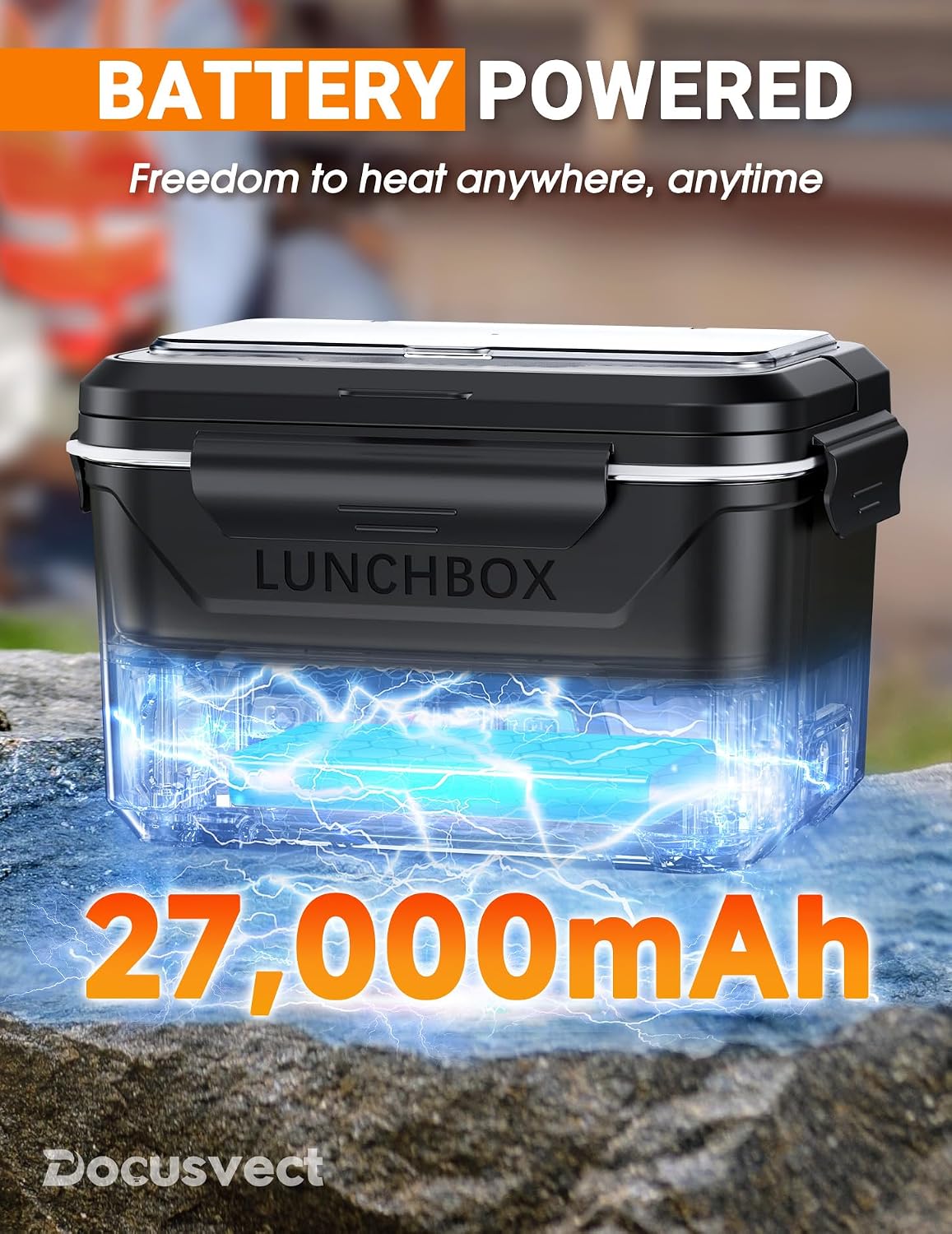 Docusvect Rechargeable Heated Lunch Box for Men, 1.3L Cordless Electric Lunch Box for Adults with Smart Scheduled Heating, Portable Food Warmer with Complete Accessories