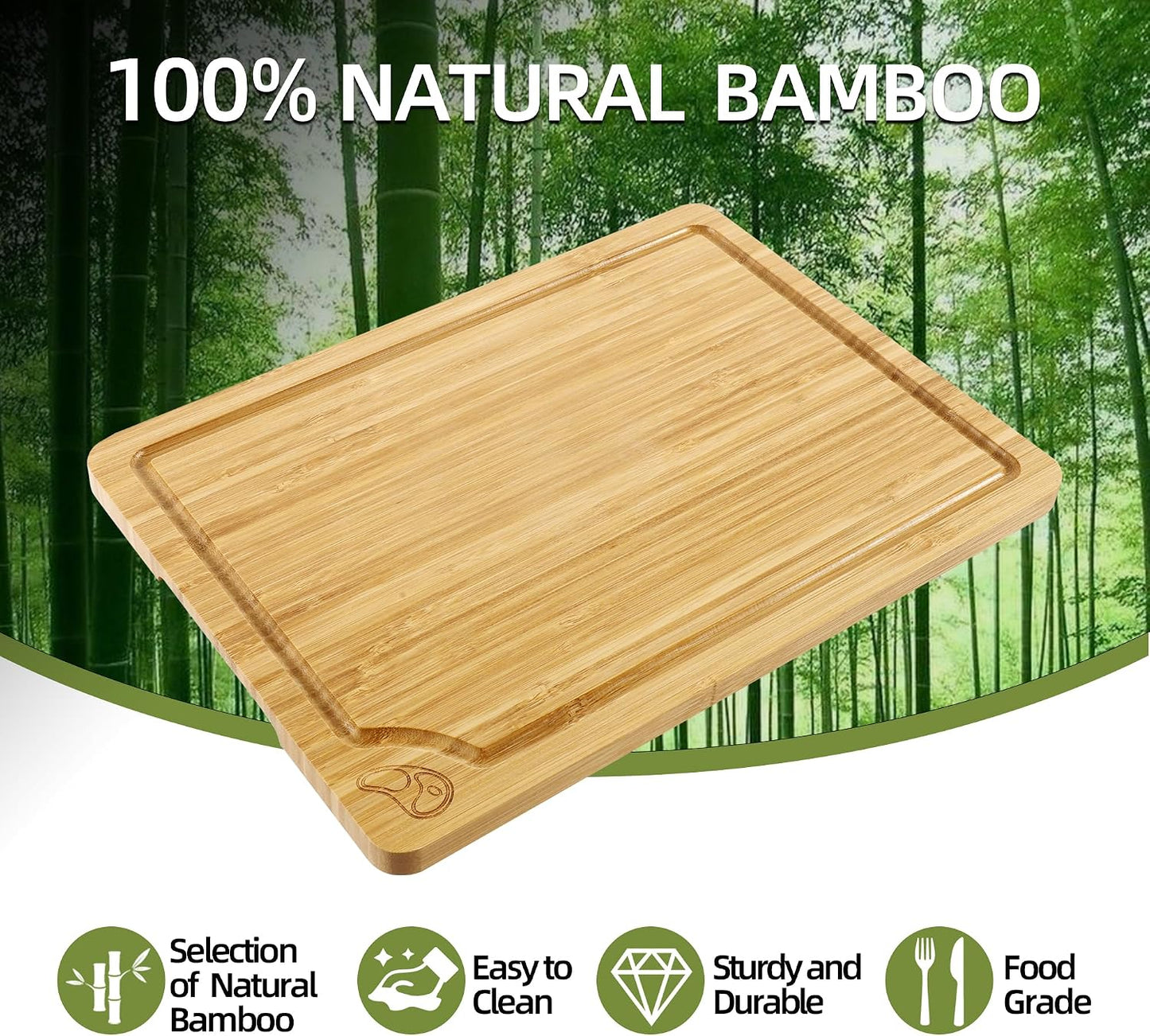Wood Cutting Board Set of 4, Wooden Chopping Boards with Food Icons for Kitchen, Charcuterie Board for Meat, Vegetables, Fruits, Cheese