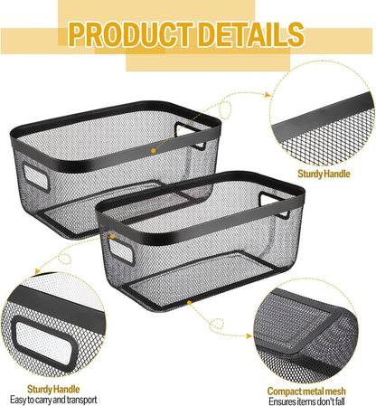 MorningRo 6 Pack Metal Mesh Basket with Hollow Handles Black Wire Storage Bin for Organizing Stackable Metal Fine Mesh Basket for Pantry Bathroom Kitchen Cabinets Shelves (Medium)