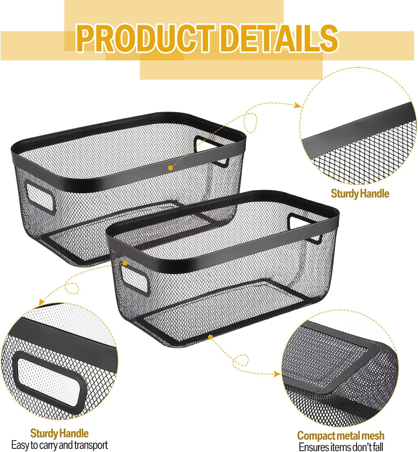 MorningRo 6 Pack Metal Mesh Basket with Hollow Handles Black Wire Storage Bin for Organizing Stackable Metal Fine Mesh Basket for Pantry Bathroom Kitchen Cabinets Shelves (Medium)