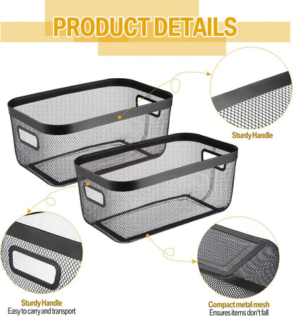 MorningRo 6 Pack Metal Mesh Basket with Hollow Handles Black Wire Storage Bin for Organizing Stackable Metal Fine Mesh Basket for Pantry Bathroom Kitchen Cabinets Shelves (Medium)