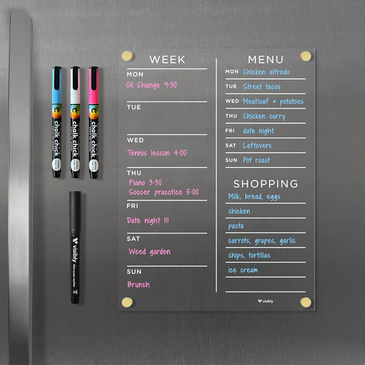 Magnetic Acrylic Meal Planner, Menu & Shopping List Board for Fridge, 9” x 12” Clear Refrigerator Organizer, Includes 4 Magnetic Wet-Erase Markers, Silver Corner Magnets