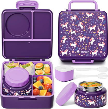 Fimibuke Bento Box for Kids Adult, BPA Free & Leakproof Toddler Lunch Box with 8.5oz Insulated Thermo Food Jar, Utensils & Sauce Jar, Dishwasher Safe 3 or 4 Compartment Container for School Girls Boys