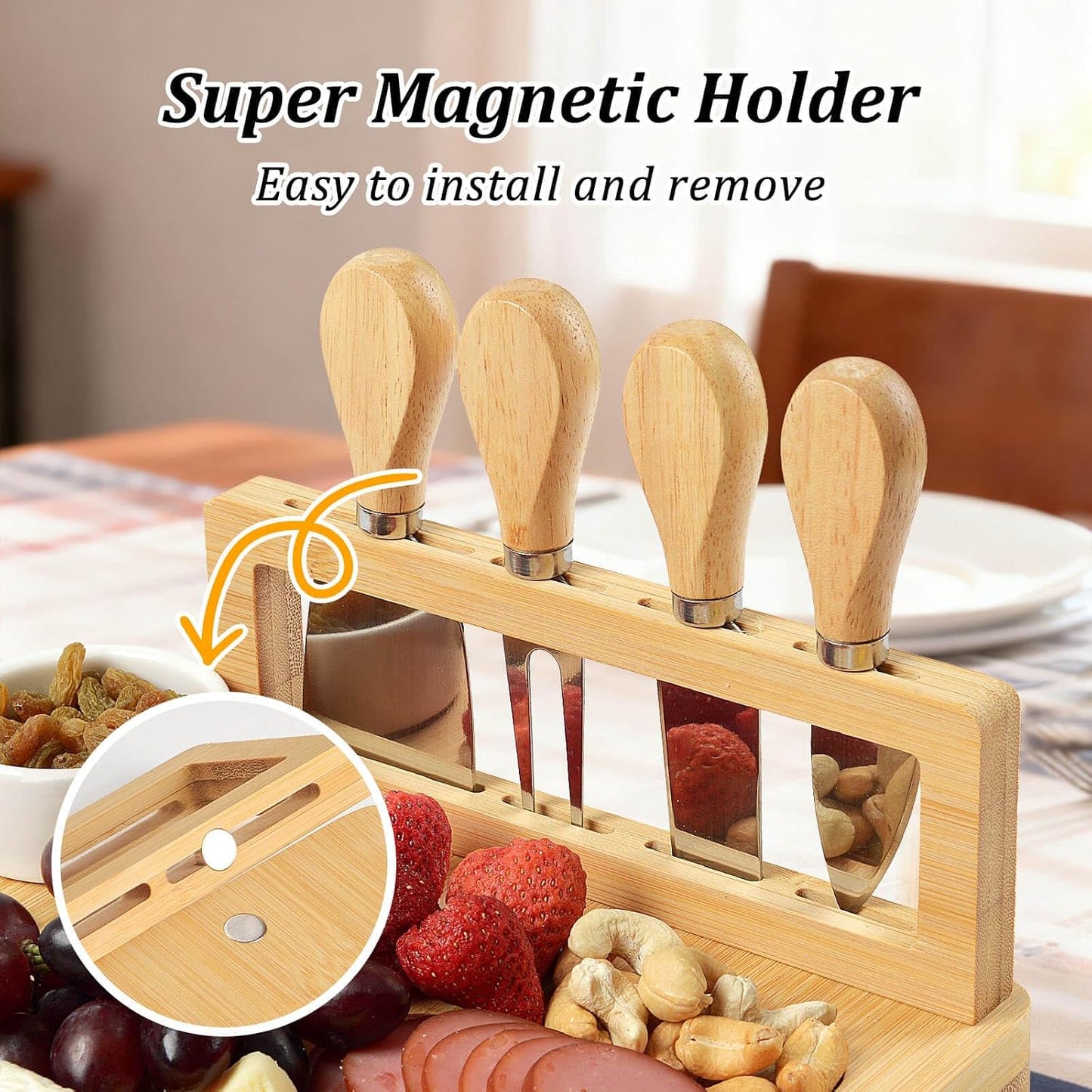 Bamboo Cheese Board Set - Charcuterie Boards and Serving Meat Platter, Cheese Tray with 4 Stainless Steel Cheese Knives Cutting Board Platter, Ideal for Halloween, Wedding, Christmas Gifts