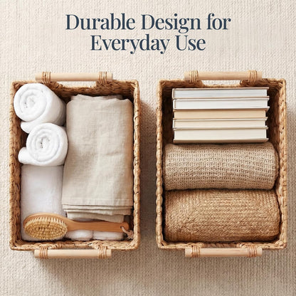 Best Choice Products Wicker Storage Basket, Shelf Organizer Basket w/Wooden Handles, Woven Rectangular Storage Bin, Natural Water Hyacinth for Pantry, Closet, Laundry Room, & Living Room - Chestnut