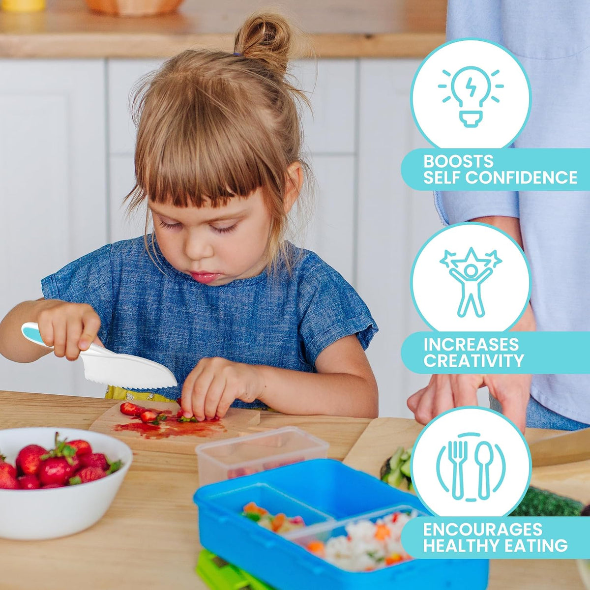 Zulay Kitchen 3-Piece Kids Knife Set for Real Cooking & Baking - Toddler Knives for Cutting Fruits, Veggies, & Cake - Children’s Montessori Knive with Serrated Edges - Safe & Fun Lettuce Knife (Red)